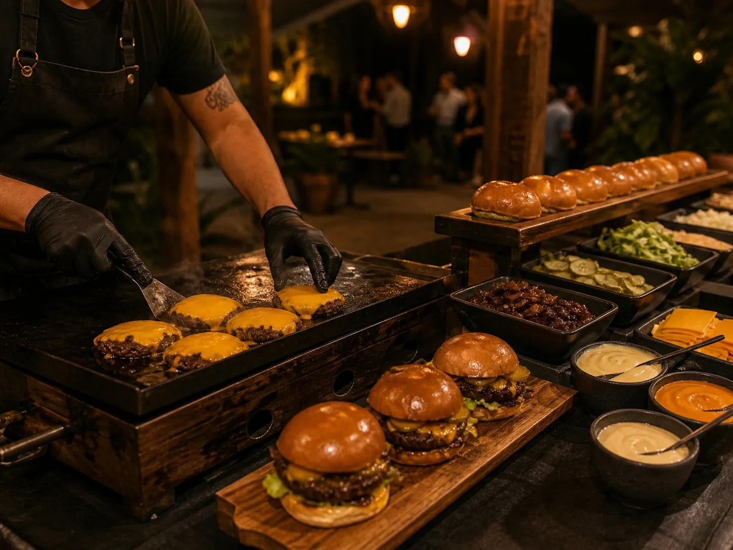 Servicio de catering de burgers con parrilla en vivo, toppings y hamburguesas recién preparadas